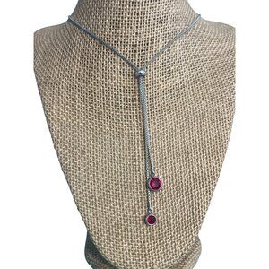 Vintage Silver Tone Lariat Style Necklace Box Chain Dark Pink Glass Rhinestones